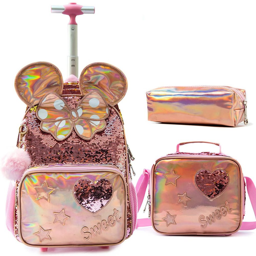 lvyH Women Girls 3 in 1 Rolling Backpack Sequins Backpacks with Lunch Pencil Bag